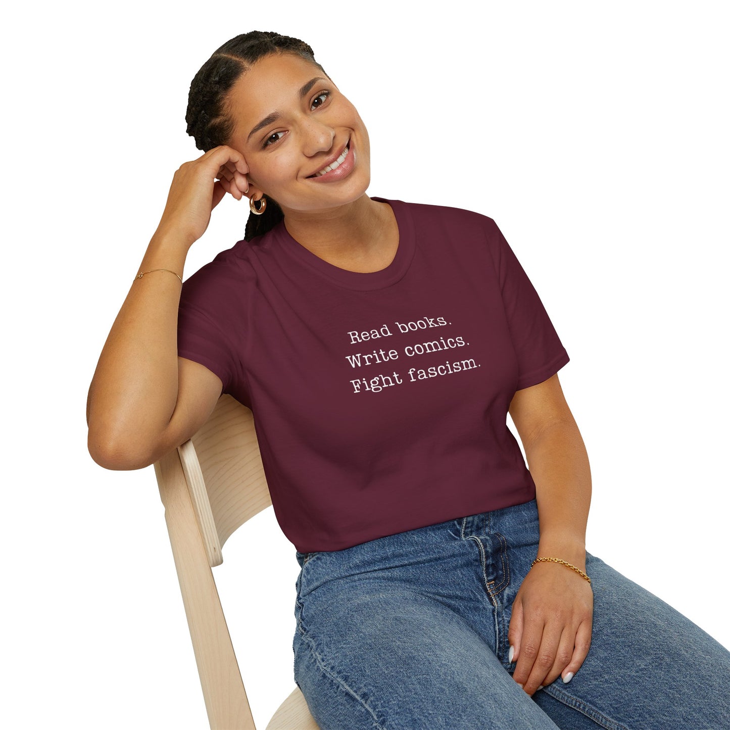 Read Books Write Comics Fight Fascism T-Shirt | Anti-Fascist Activist Tee | Literary Resistance | ACLU Donation