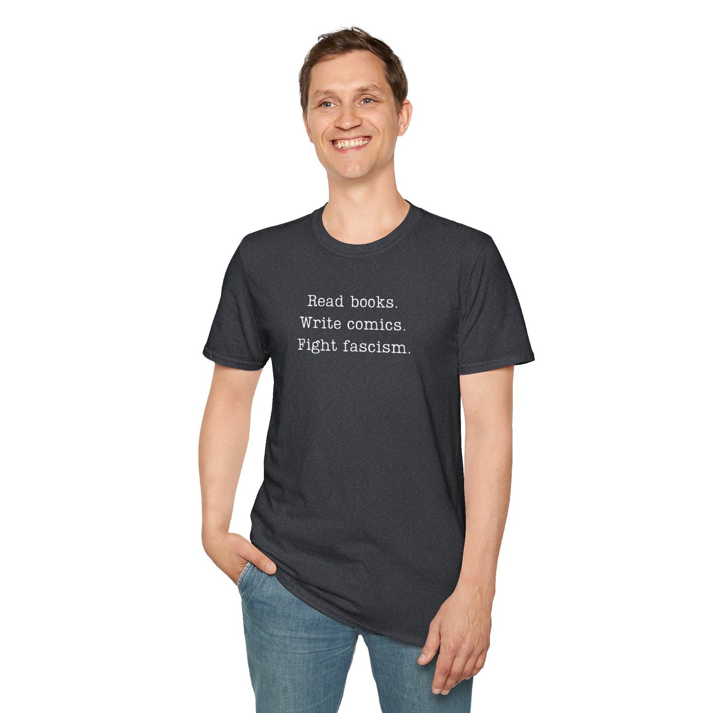 Read Books Write Comics Fight Fascism T-Shirt | Anti-Fascist Activist Tee | Literary Resistance | ACLU Donation