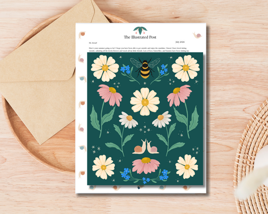 Floral card with bees on a wooden surface