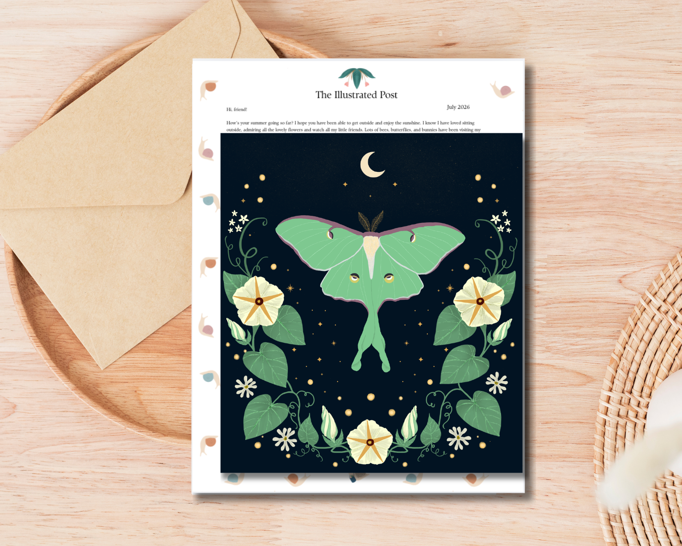 flat lay photo of an art print featuring a luna moth, white flowers, moon, stars, and fireflies. the print is on top of a letter and envelope.
